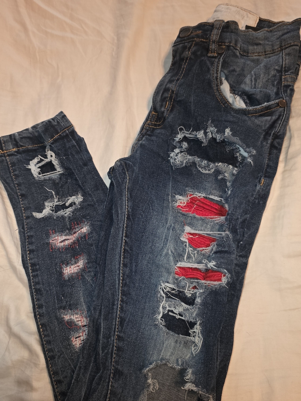 Kids Distressed Dark Blue Jeans with Red Patch Accents